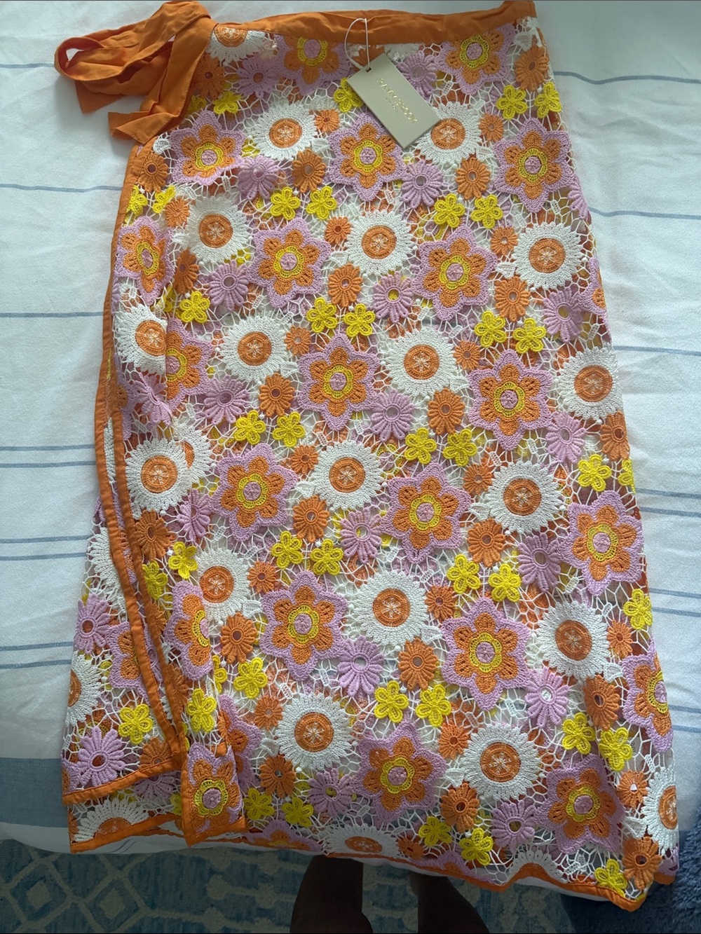 Ramy Brook Orange Crochet Floral Swim Sarong with Pink & Yellow Flowers